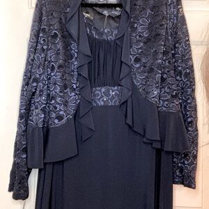 Tea length dress, MIDNIGHT BLUE. Sleeveless dress with detailed open jacket.